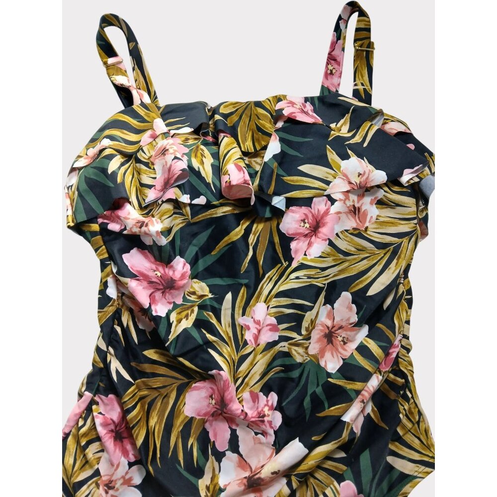 Kona Sol 16W Black Green Pink Floral Ruffle Front One Piece Swimsuit 16W Plus - Picture 5 of 13